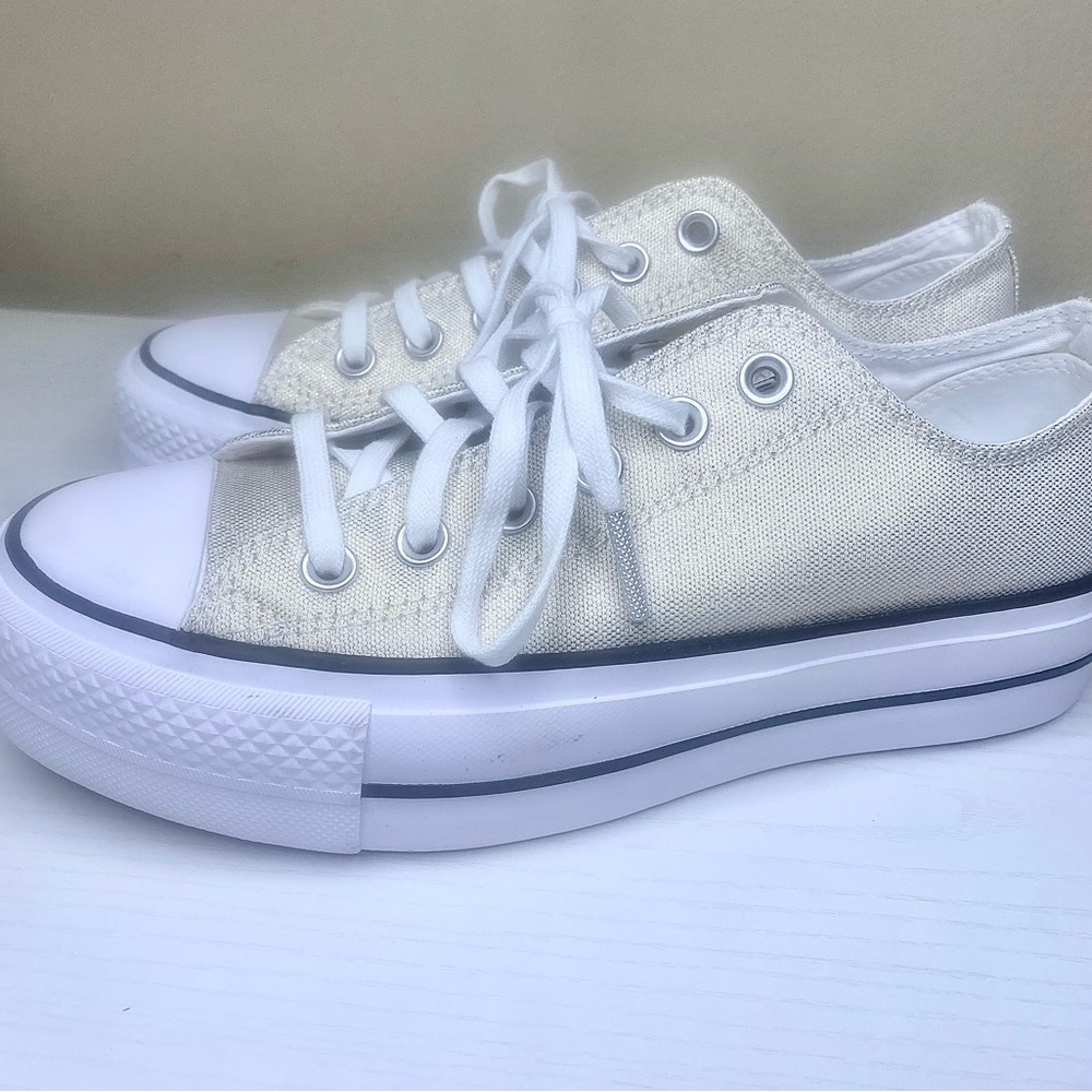 Converse Women's All Star Ox Lift Gold/Cream Sparkling Canvas Platform Sneakers - Picture 9 of 16